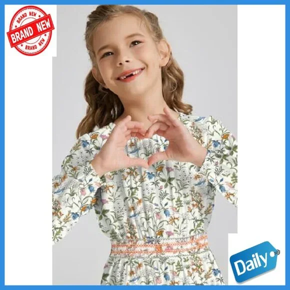 Girls Floral Smocked Waist Midi Dress with Pockets Soft Viscose